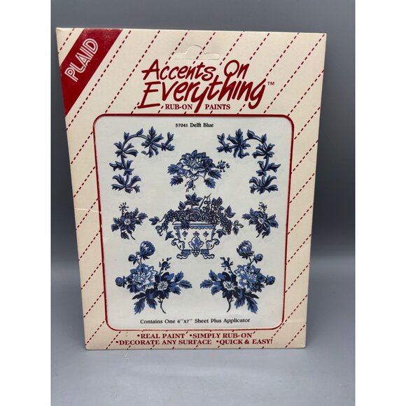 Vtg Plaid Accents On Everything Rub-On Paints Delft Blue Design Floral Craft Dec - Picture 1 of 3